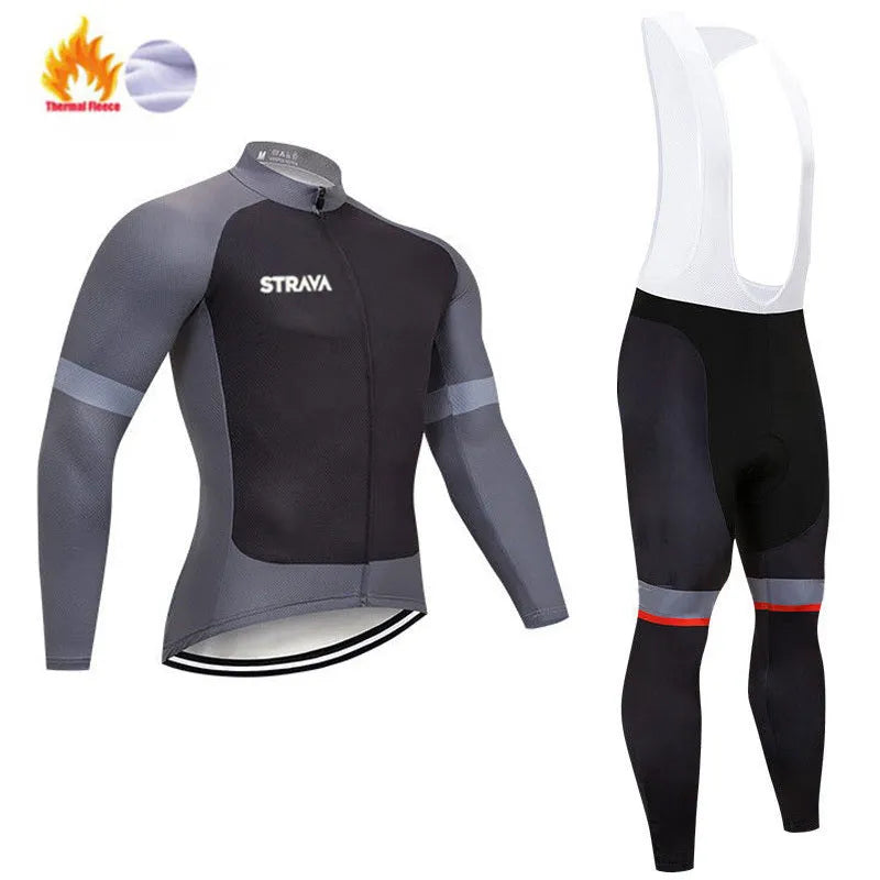 XINTOWN STRAVA Pro Team winter cycling clothing set in black, long sleeve polyester top and trousers for men