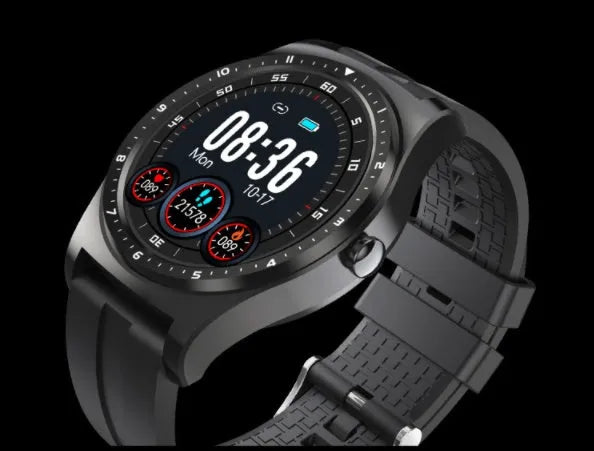 Black smart watch with zinc alloy case and silicone band displaying heart rate and fitness data on its touch screen.
