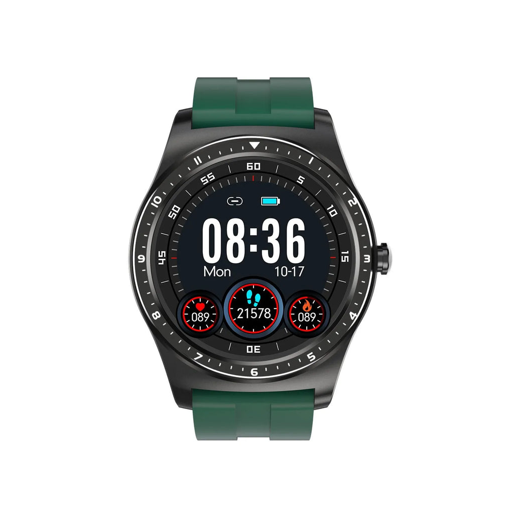 Black smart watch with zinc alloy case and silicone band displaying heart rate and fitness data on its touch screen.