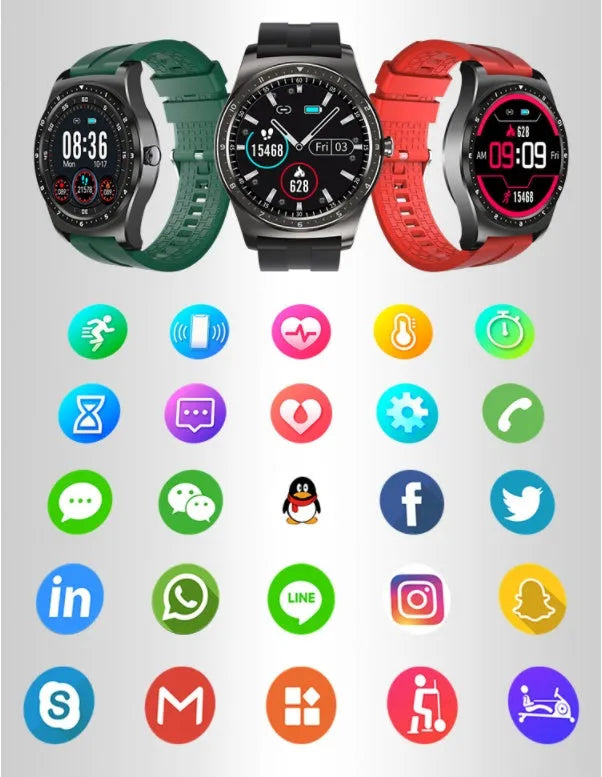 Black smart watch with zinc alloy case and silicone band displaying heart rate and fitness data on its touch screen.