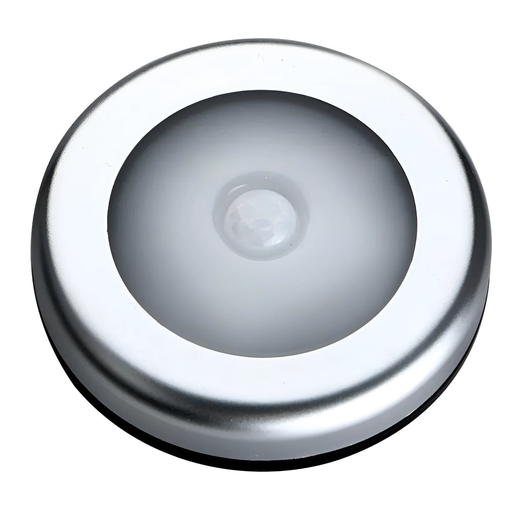 Silver round wireless motion sensor night light with compact 80mm diameter design for cupboards and hallways.
