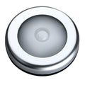Silver round wireless motion sensor night light with compact 80mm diameter design for cupboards and hallways.