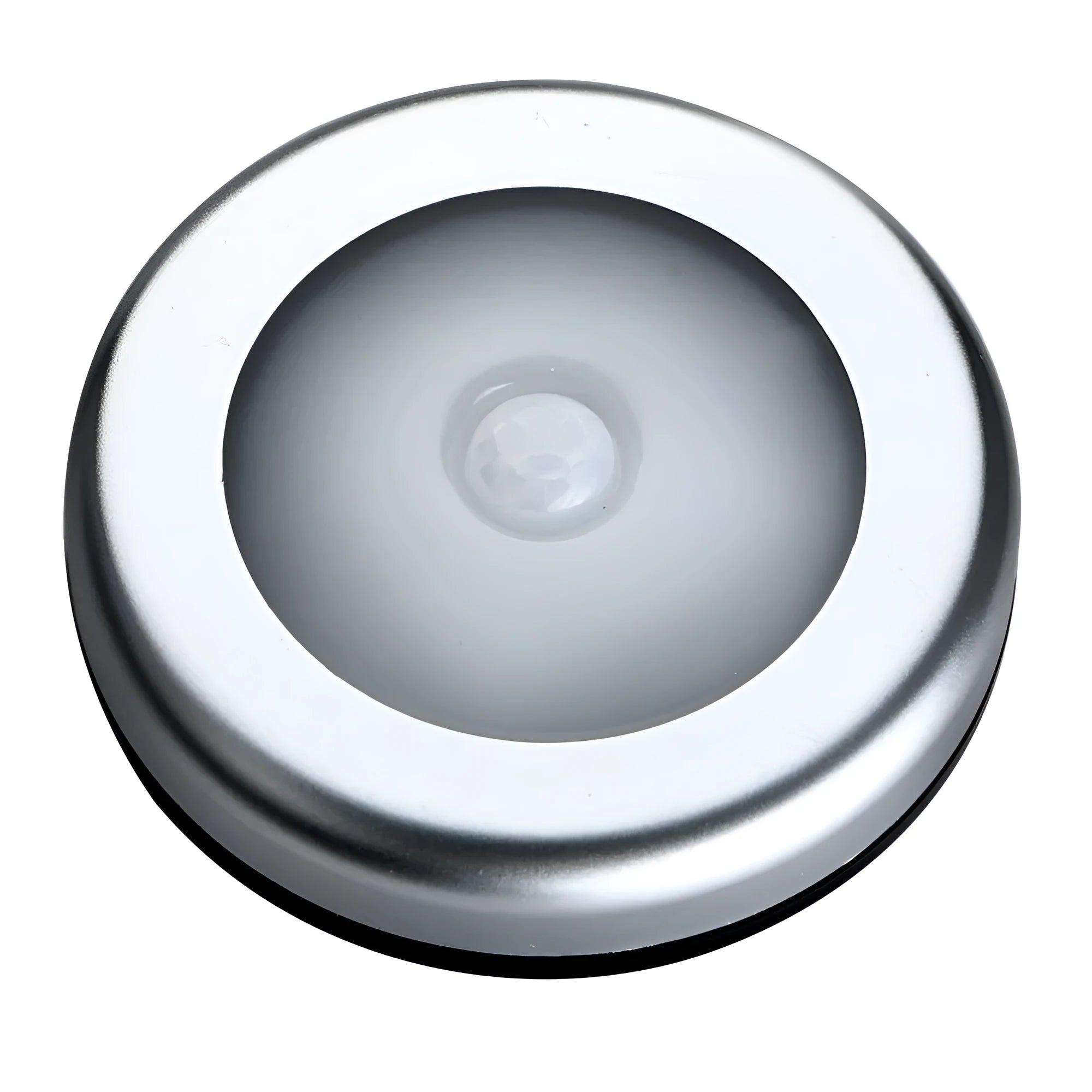 Silver round wireless motion sensor night light with compact 80mm diameter design for cupboards and hallways.