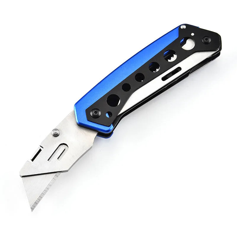 Blue stainless steel folding utility knife with 185mm overall length and 6.5cm blade