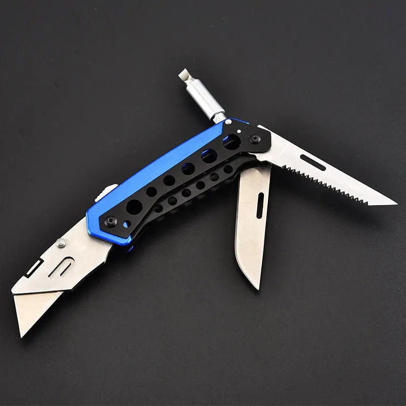 Blue stainless steel folding utility knife with 185mm overall length and 6.5cm blade