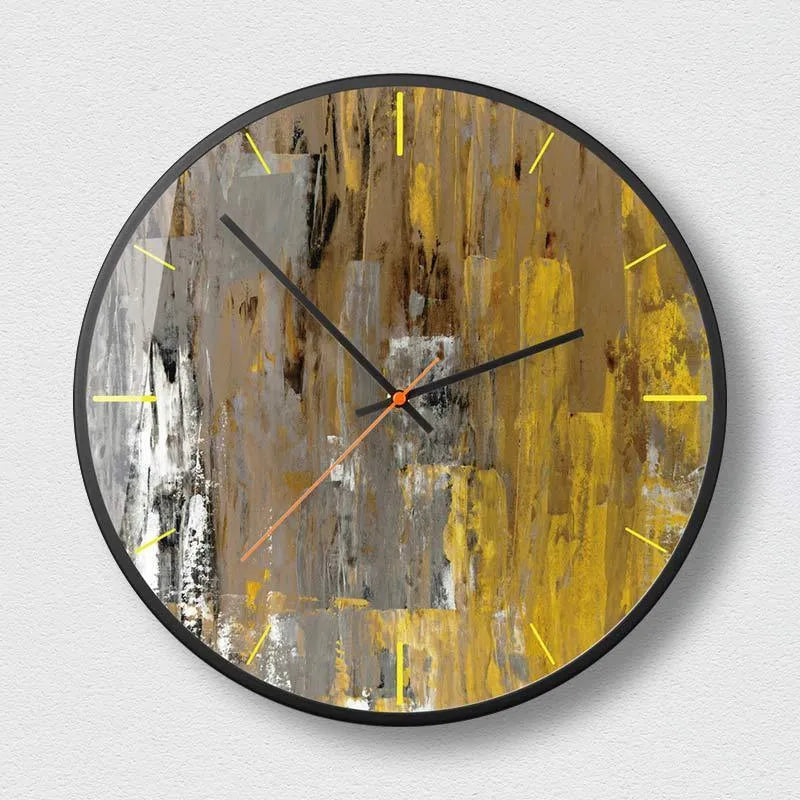 Round abstract art wall clock with metal frame in Mysterious Black colour, showing 12-inch and 14-inch size options