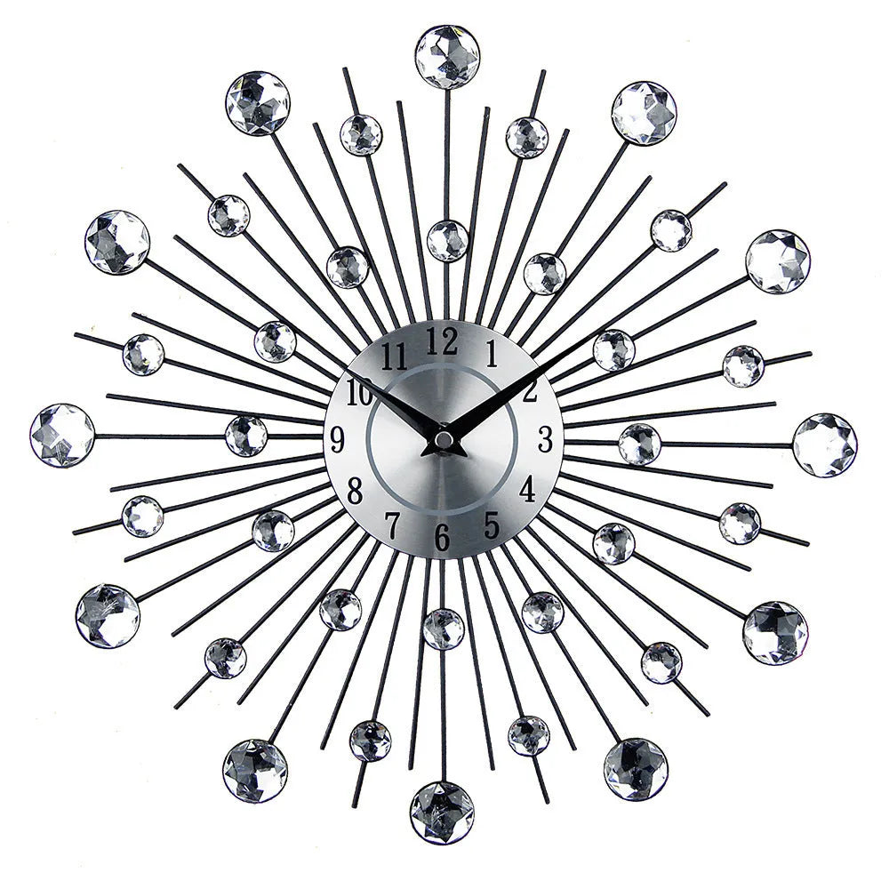Large round silver wall clock with numbers and metal frame on a wall.