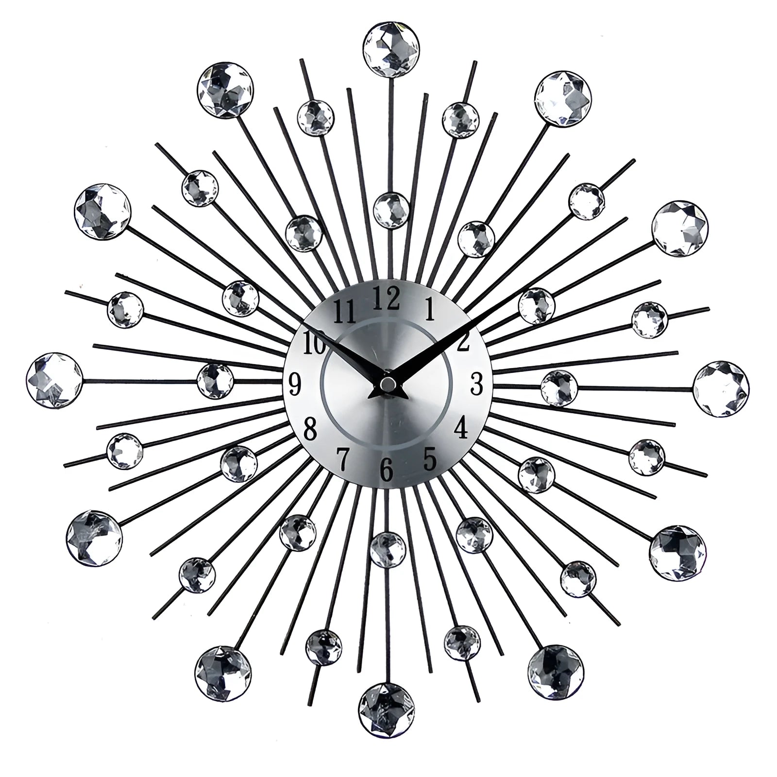 Large round silver wall clock with numbers and metal frame on a wall.