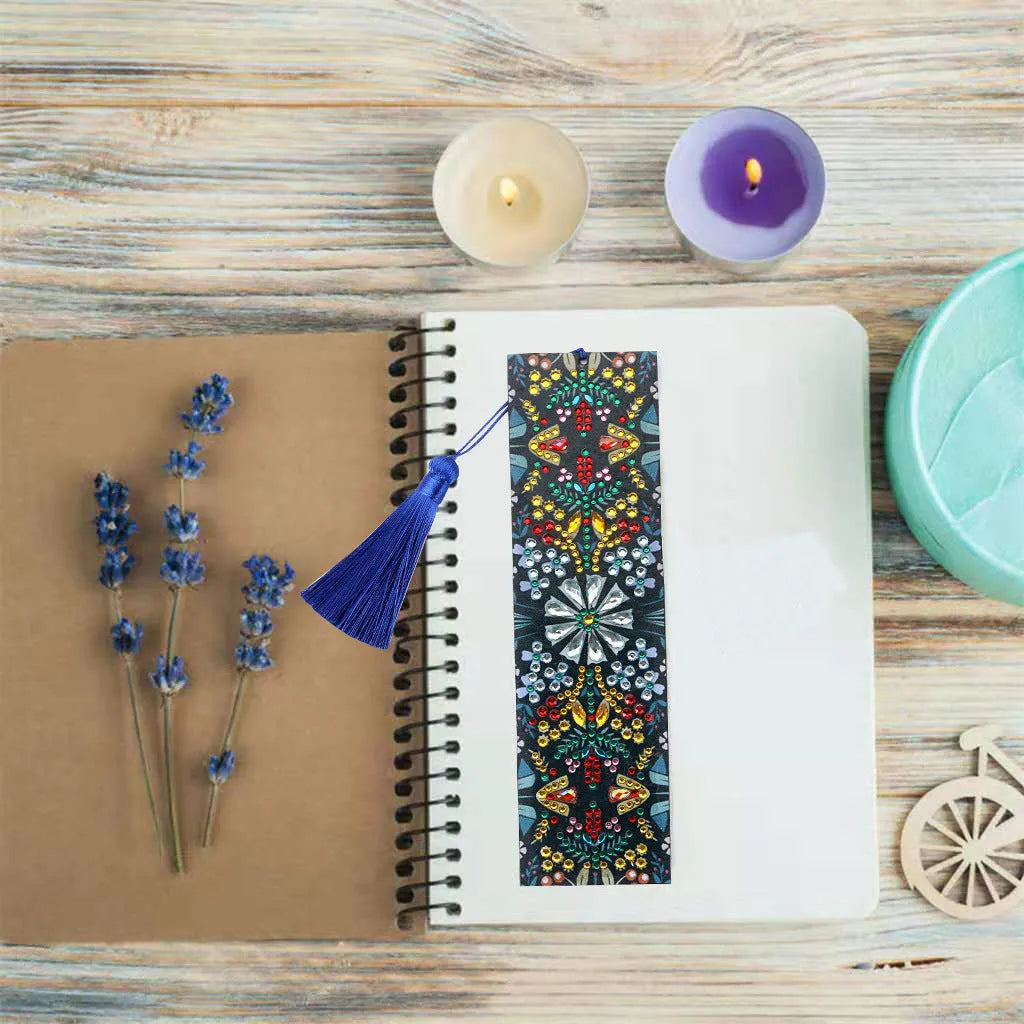 Leather diamond painting bookmark with embroidered mandala flower design