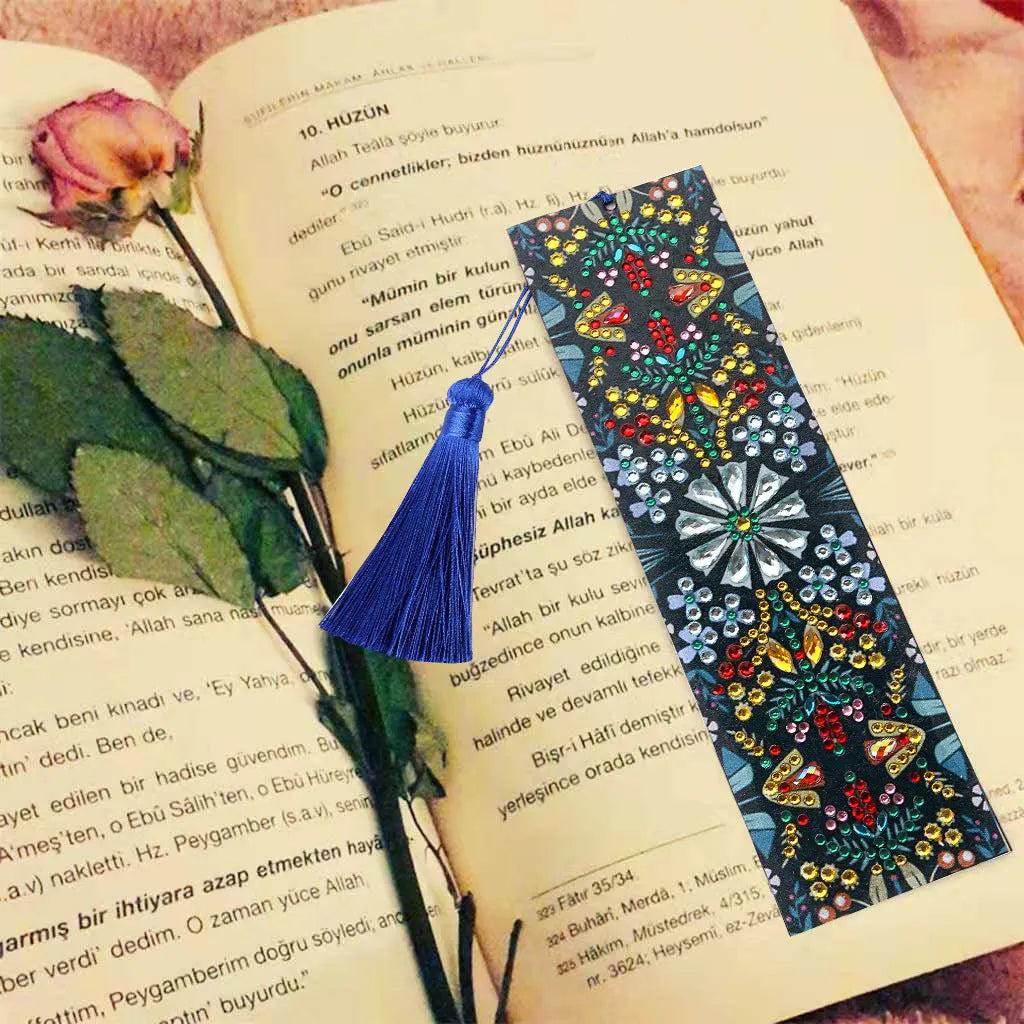 Leather diamond painting bookmark with embroidered mandala flower design