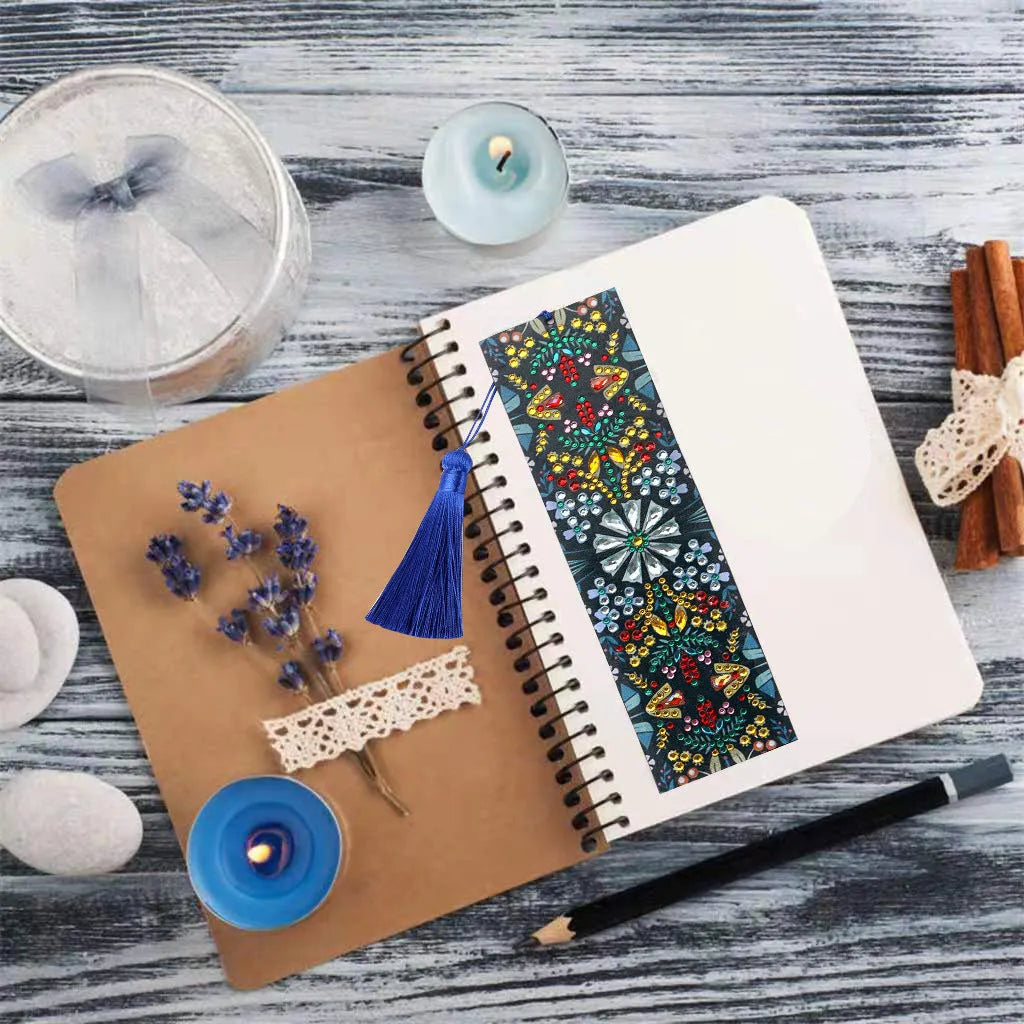 Leather diamond painting bookmark with embroidered mandala flower design