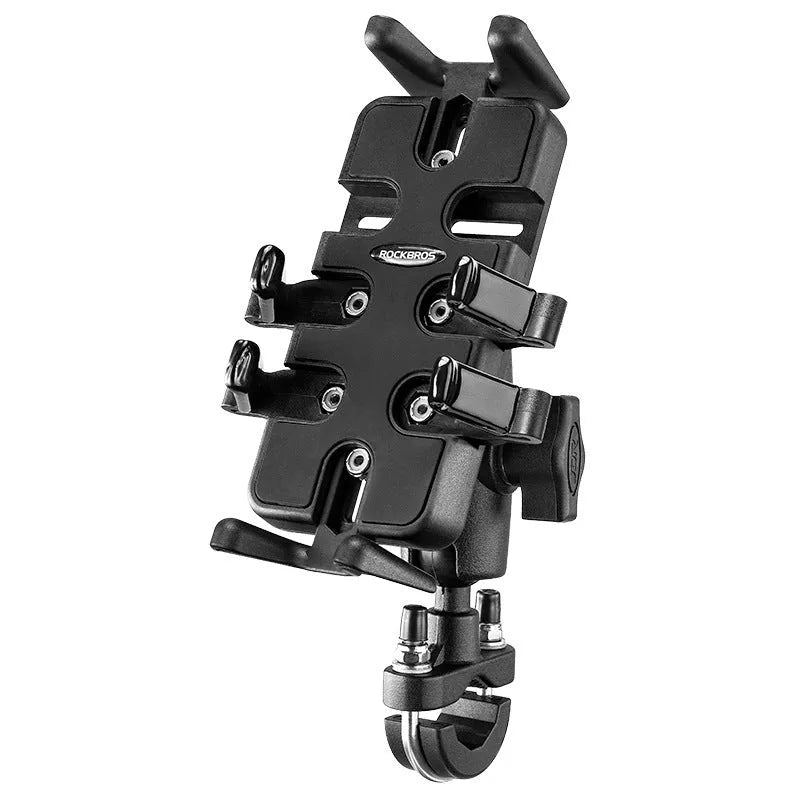 Black nylon universal mobile phone mounting bracket with U-shaped handlebar clamp for motorcycles and bicycles.