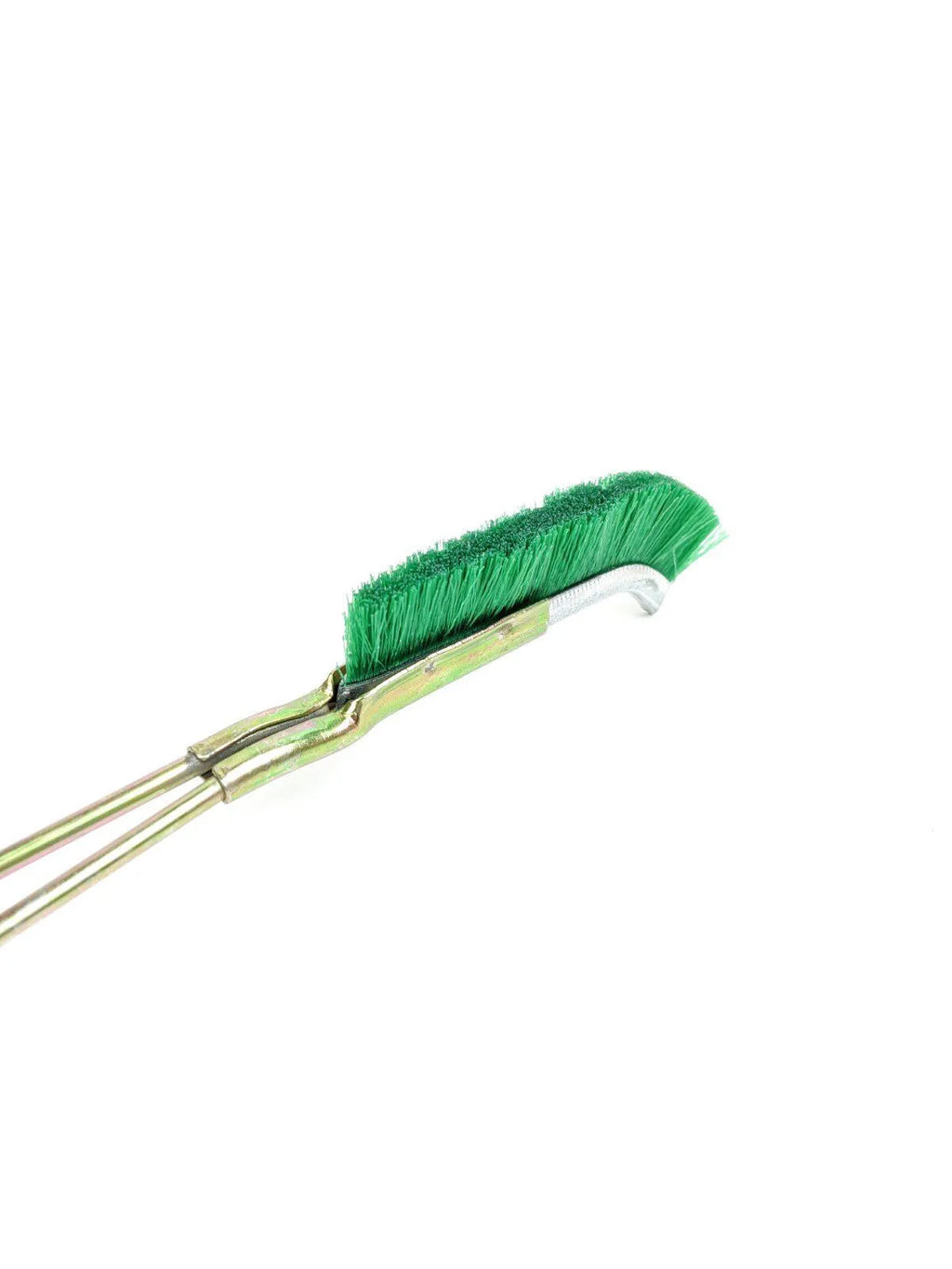 Green elbow-shaped nylon wire brush with metal handle for rust removal and cleaning