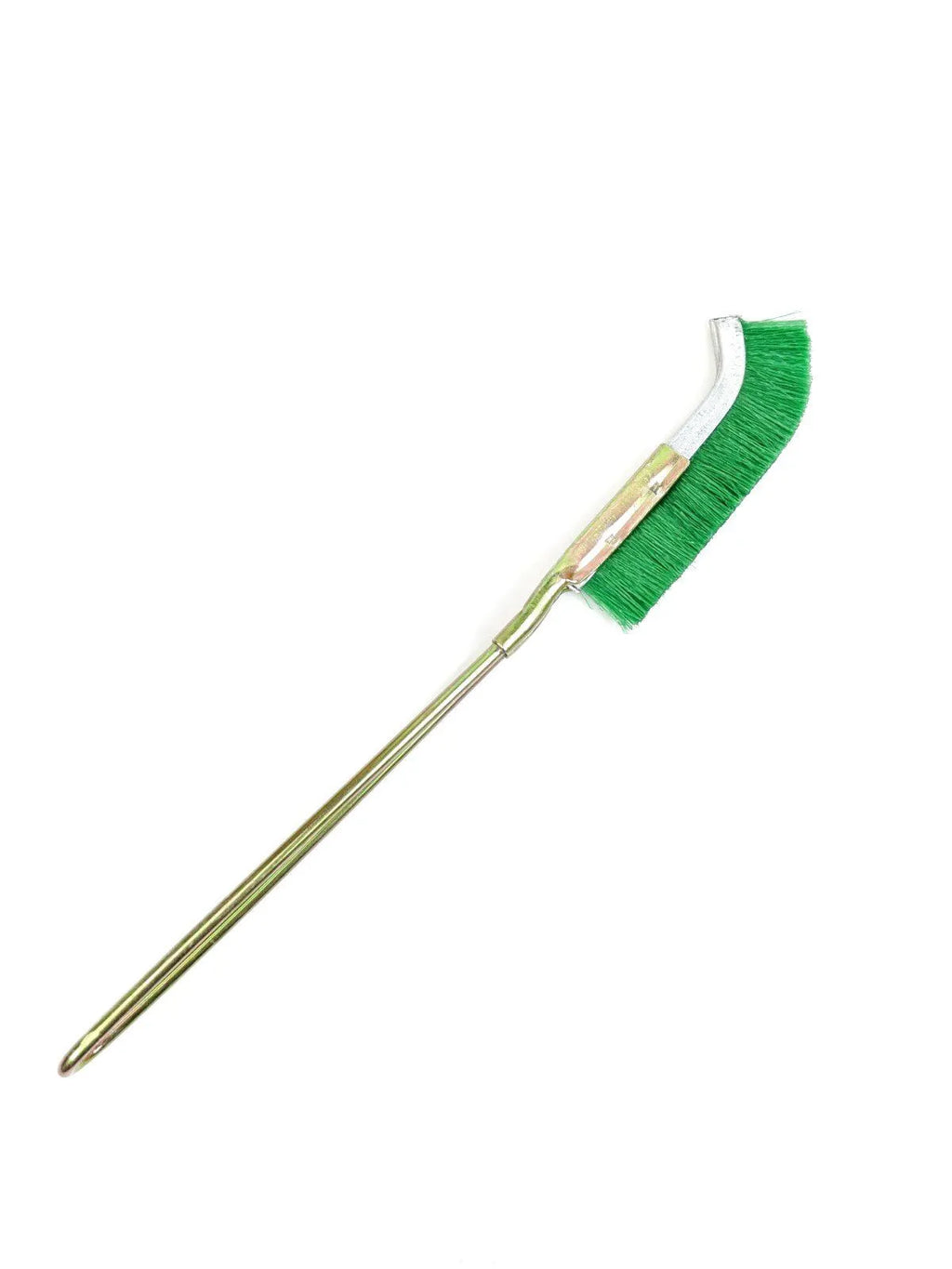 Green elbow-shaped nylon wire brush with metal handle for rust removal and cleaning