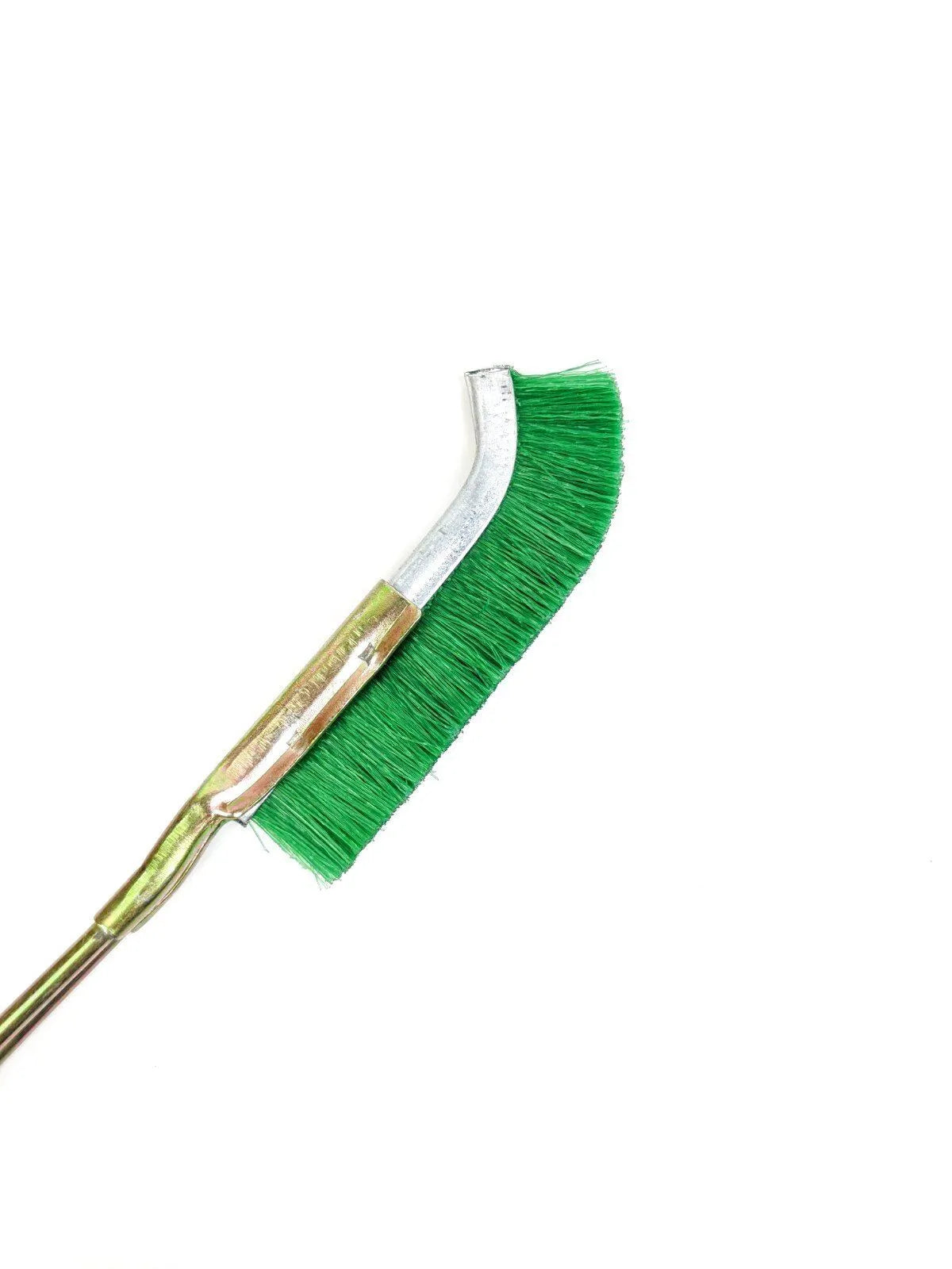Green elbow-shaped nylon wire brush with metal handle for rust removal and cleaning