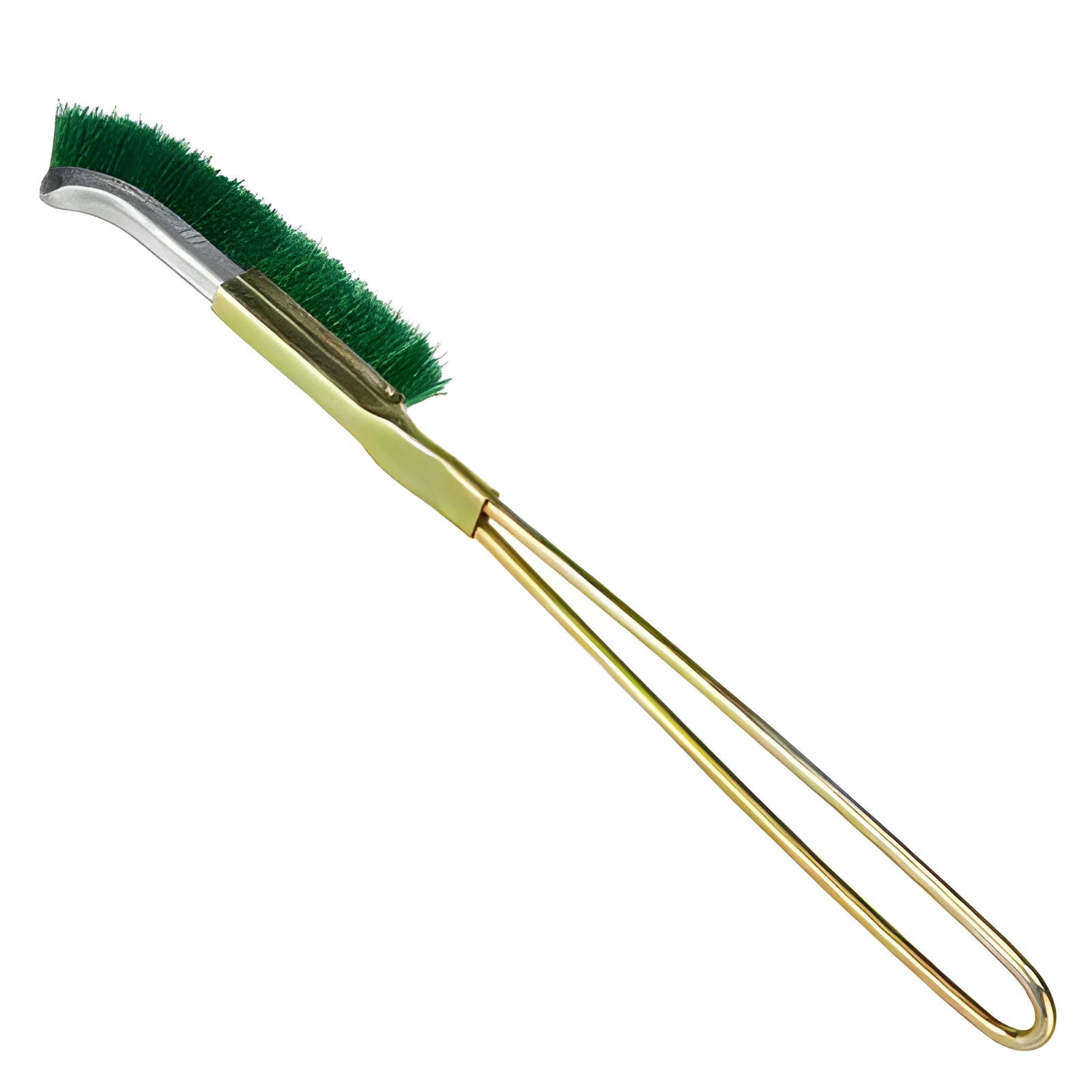 Green elbow-shaped nylon wire brush with metal handle for rust removal and cleaning