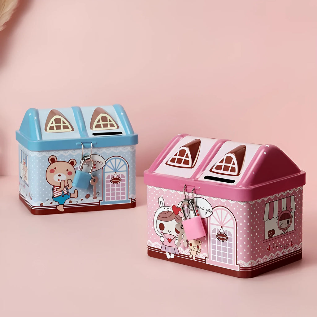 Blue house-shaped tinplate piggy bank with coin slot on removable lid