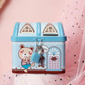 Blue house-shaped tinplate piggy bank with coin slot on removable lid