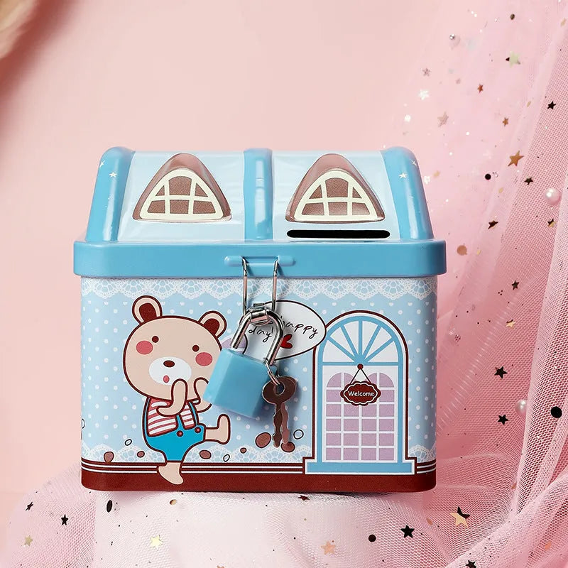 Blue house-shaped tinplate piggy bank with coin slot on removable lid