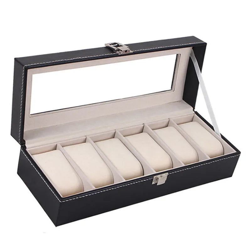 Black wooden watch display box with six individual watch windows showing dimensions