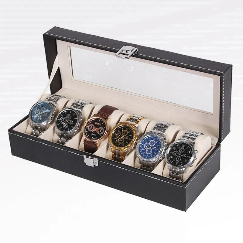 Black wooden watch display box with six individual watch windows showing dimensions