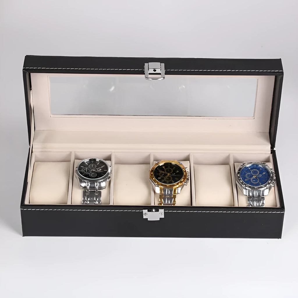 Black wooden watch display box with six individual watch windows showing dimensions