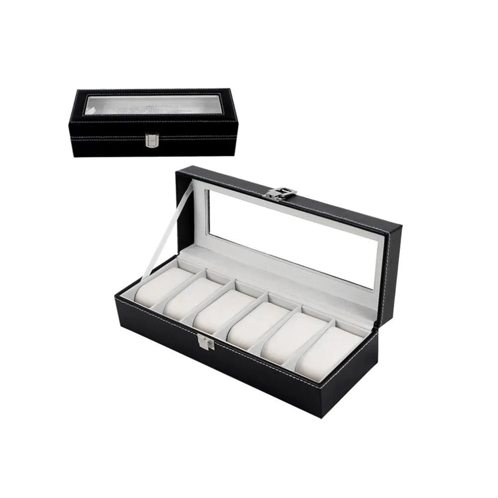 Black wooden watch display box with six individual watch windows showing dimensions