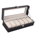 Black wooden watch display box with six individual watch windows showing dimensions