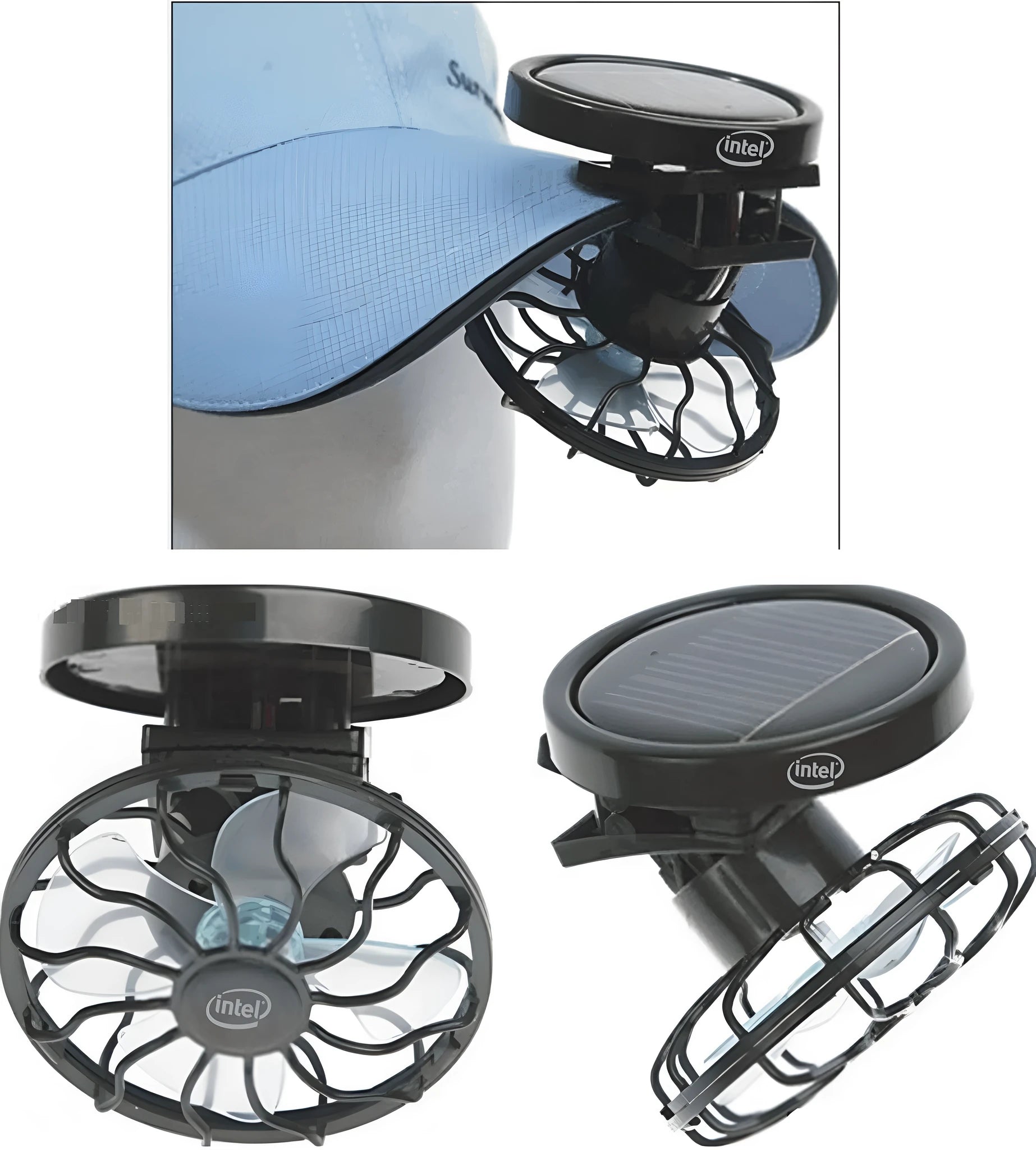 Black portable solar powered fan with clip for camping and outdoor cooling