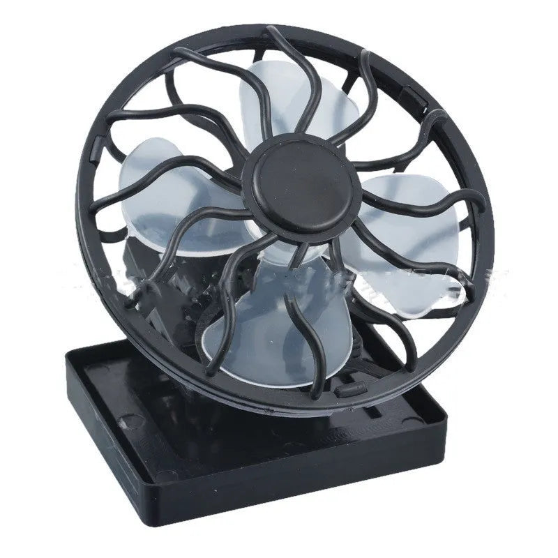 Black portable solar powered fan with clip for camping and outdoor cooling