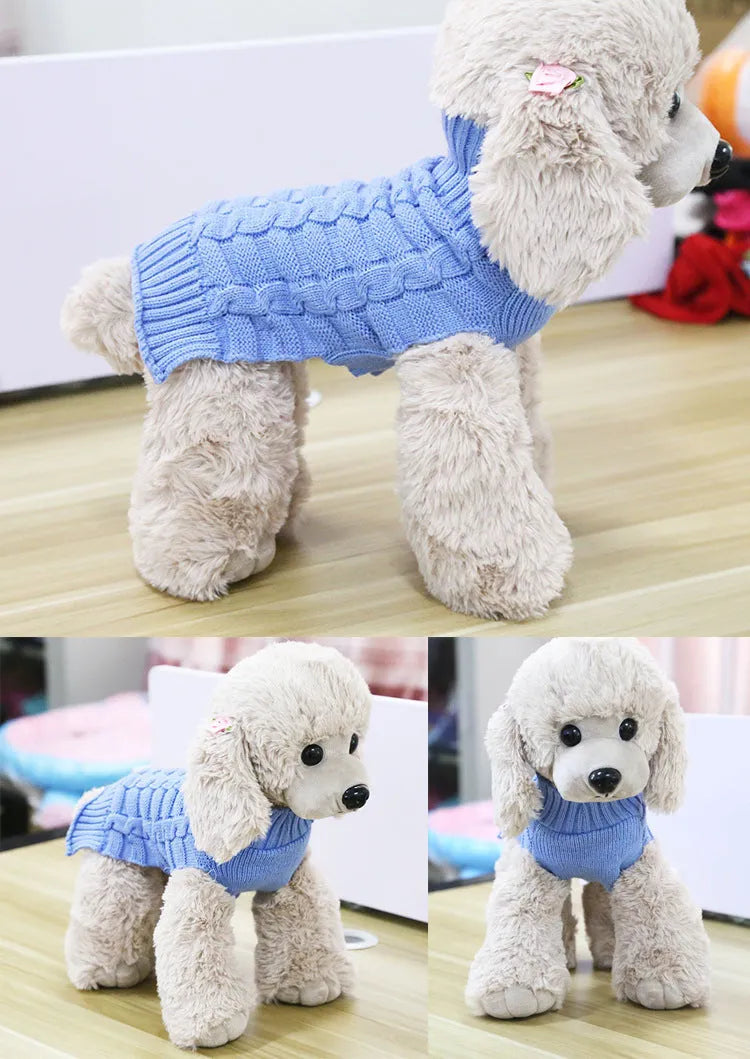 Cashmere twisted rope wool dog sweater showing texture detail and colour options