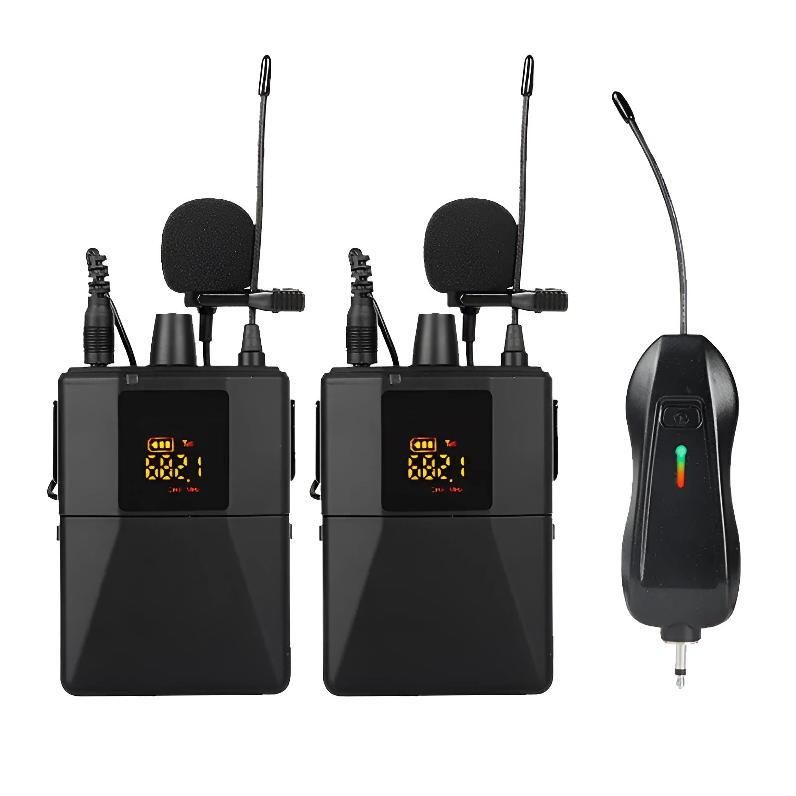 Little Bee X3 black wireless lavalier lapel microphone isolated on a white background.