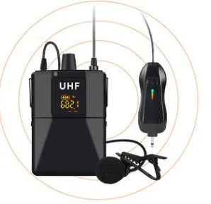 Little Bee X3 black wireless lavalier lapel microphone isolated on a white background.