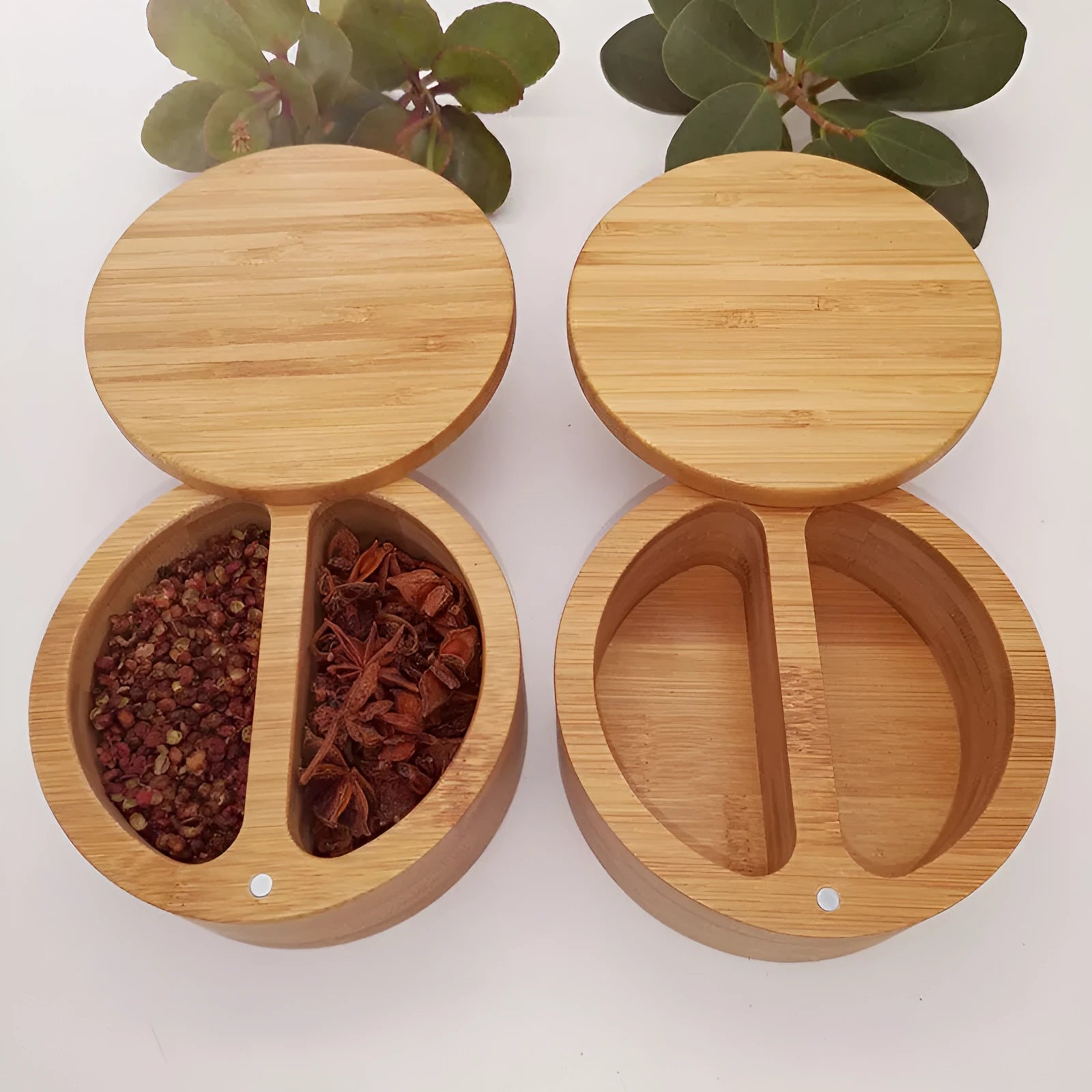 Bamboo seasoning box with spoon in double compartment round, pear-shaped, or single compartment styles