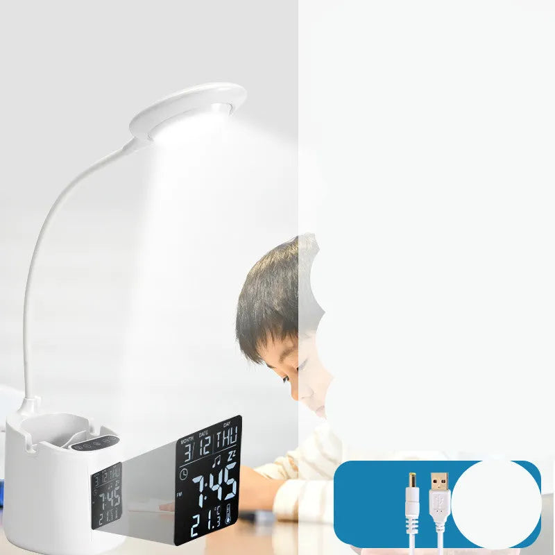 White USB desk lamp with touch controls for study and reading
