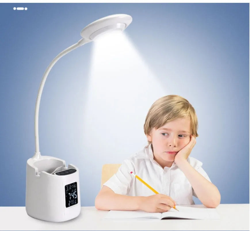 White USB desk lamp with touch controls for study and reading