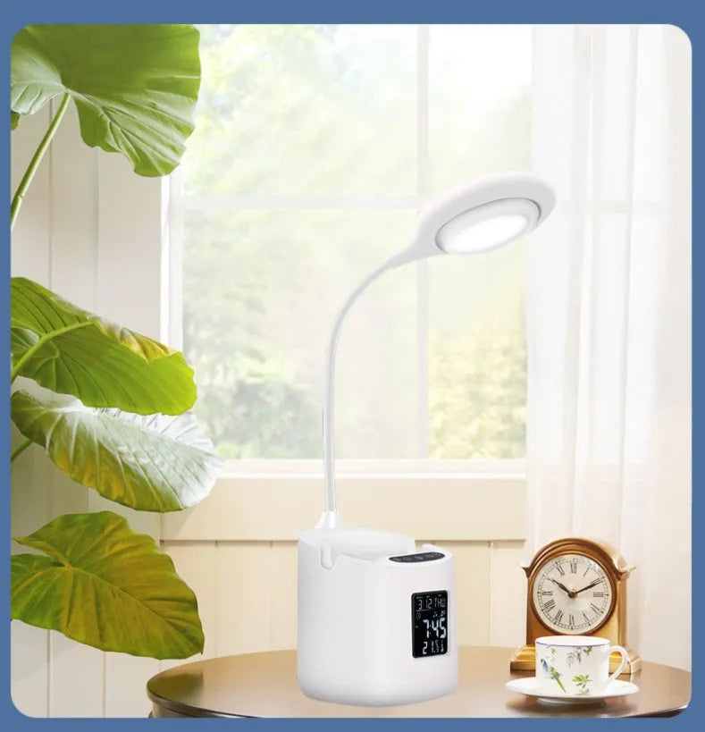 White USB desk lamp with touch controls for study and reading