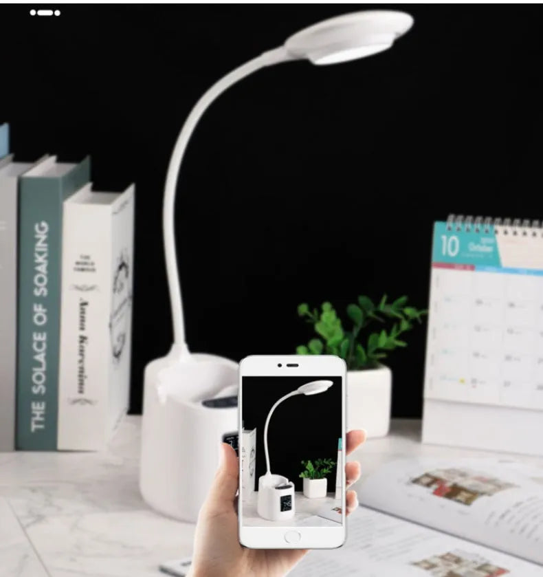 White USB desk lamp with touch controls for study and reading