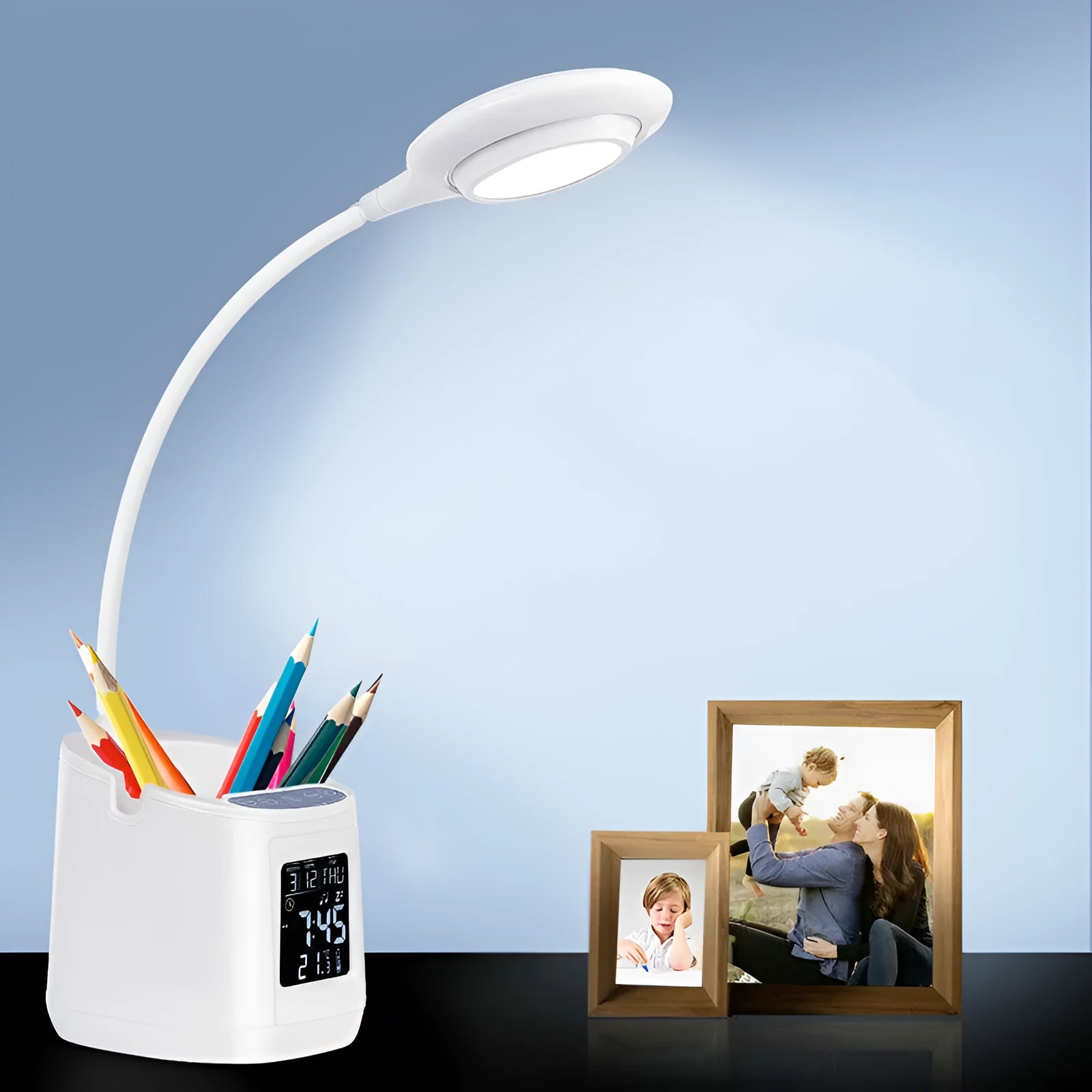 White USB desk lamp with touch controls for study and reading