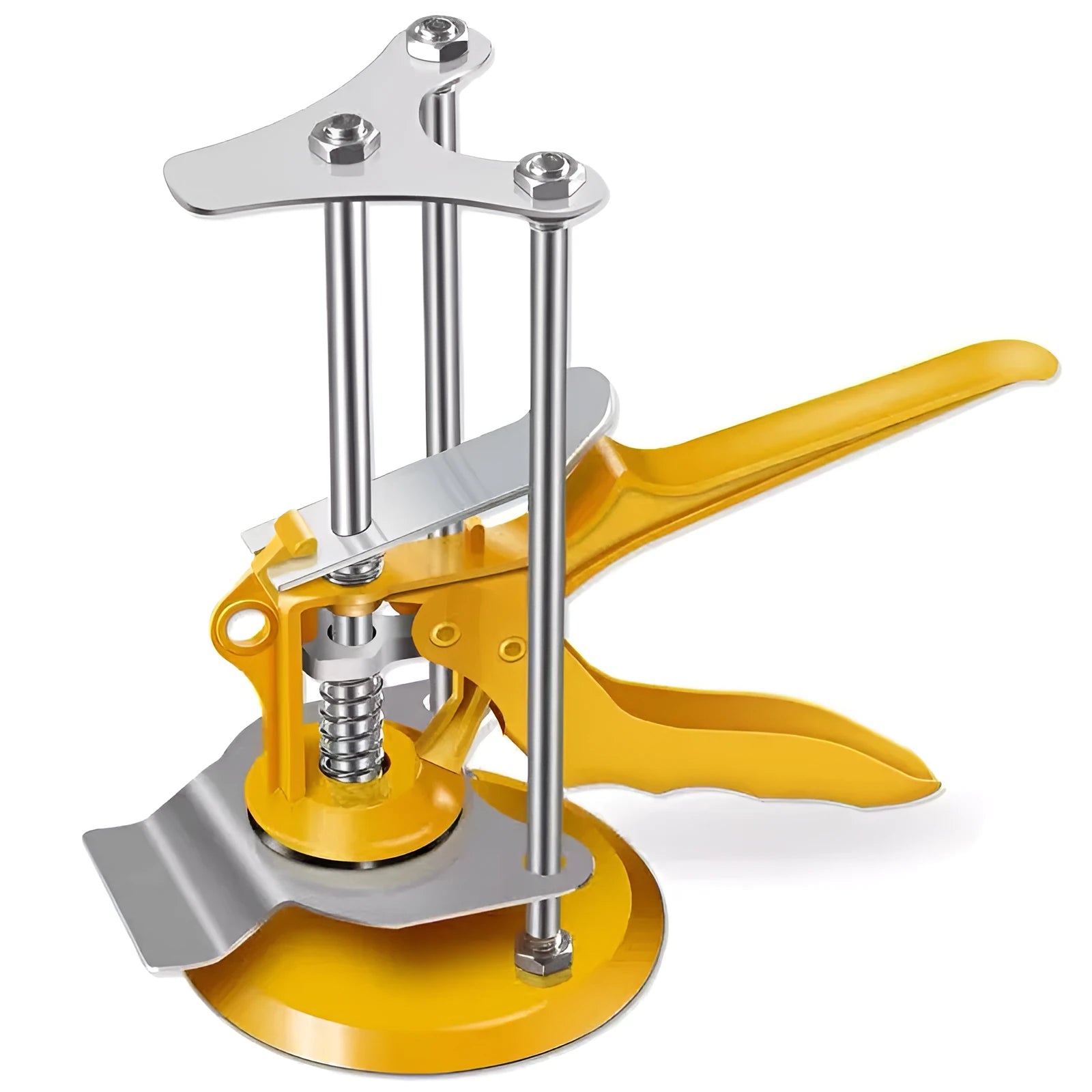 Metal alloy tile raising positioner with adjustable height mechanism for concrete processing