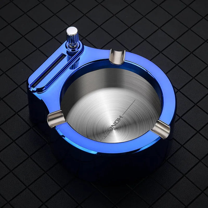 Large metal ashtray with permanent match lighter, three cigarette slots, blue finish