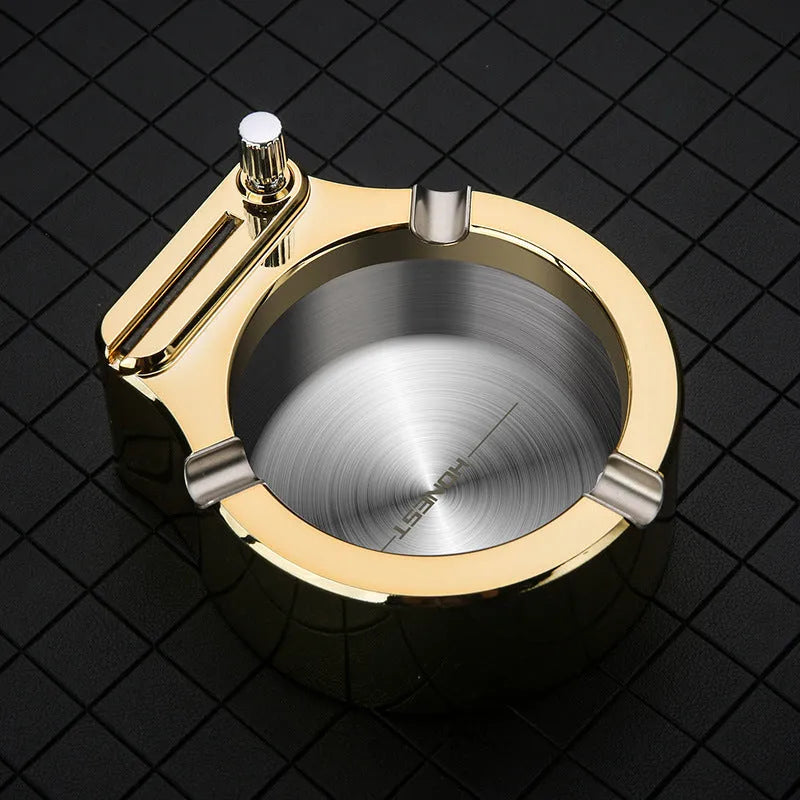 Large metal ashtray with permanent match lighter, three cigarette slots, blue finish