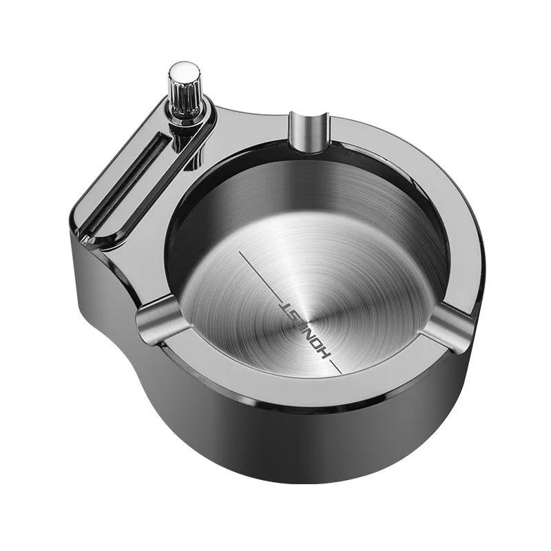 Large metal ashtray with permanent match lighter, three cigarette slots, blue finish