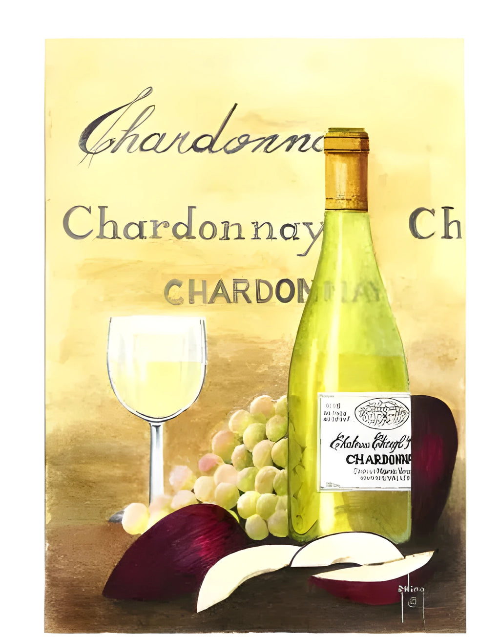 Apple and Chardonnay DIY digital painting kit showing linen canvas, brushes, and paints for home art project.