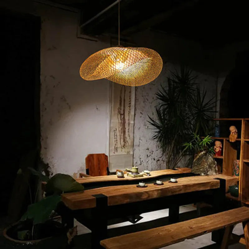 Woven bamboo chandelier with 40cm diameter shell in Chinese Zen style