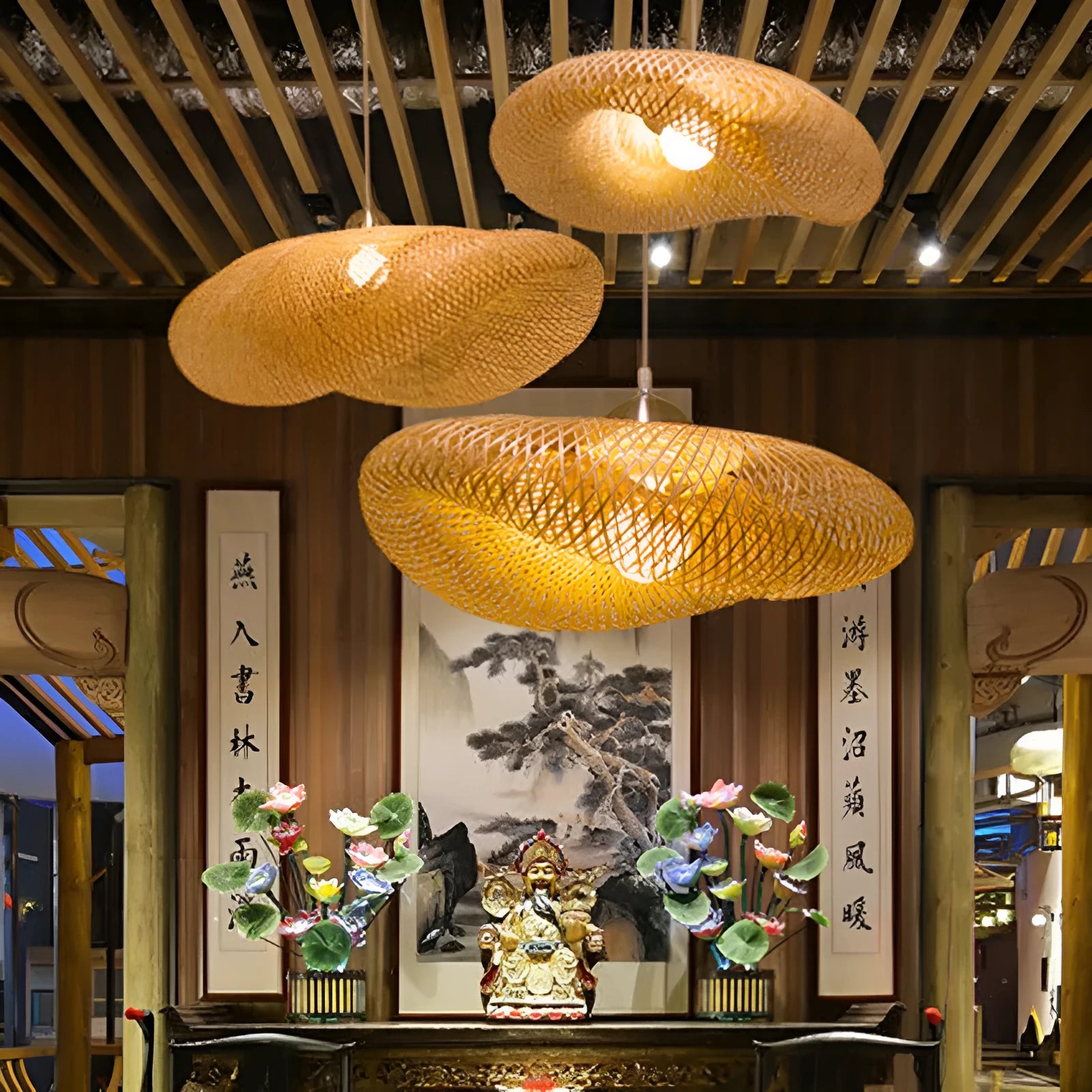 Woven bamboo chandelier with 40cm diameter shell in Chinese Zen style