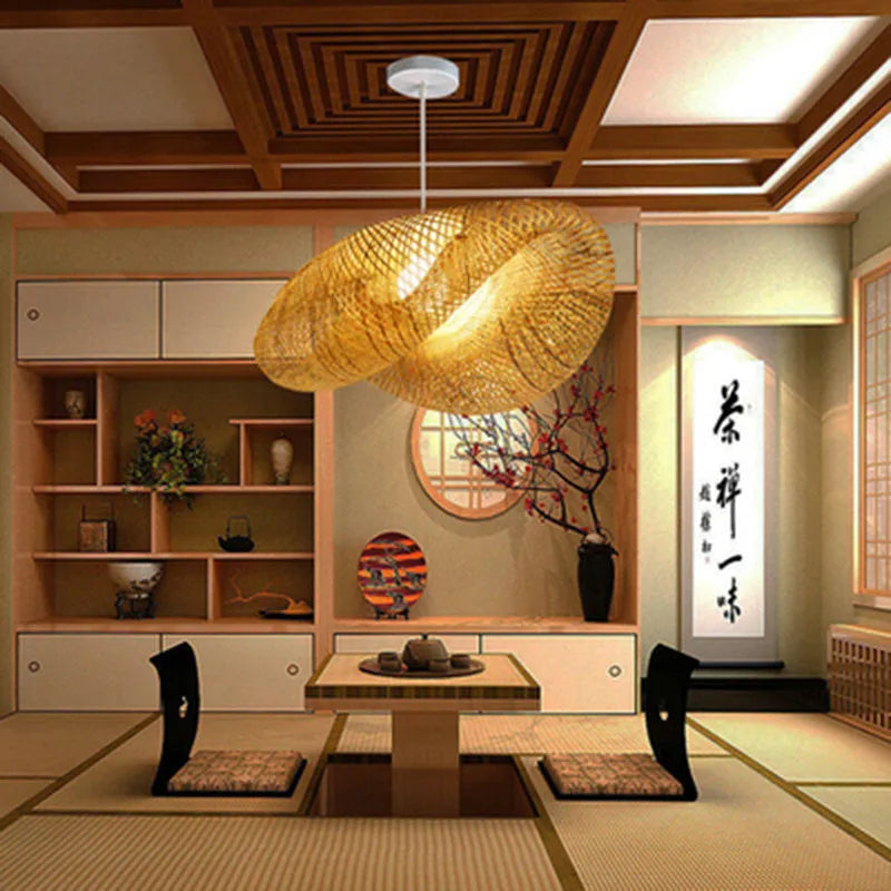 Woven bamboo chandelier with 40cm diameter shell in Chinese Zen style