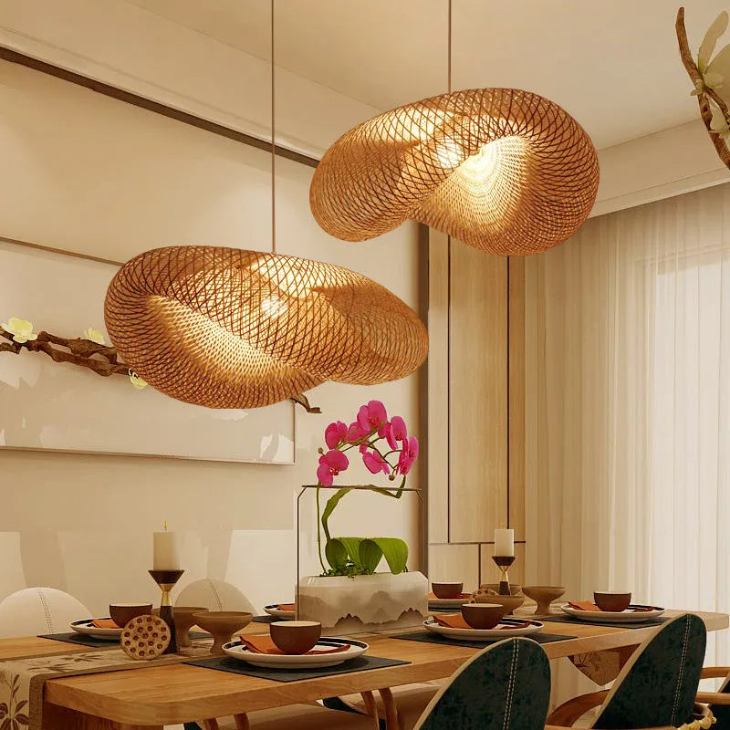 Woven bamboo chandelier with 40cm diameter shell in Chinese Zen style