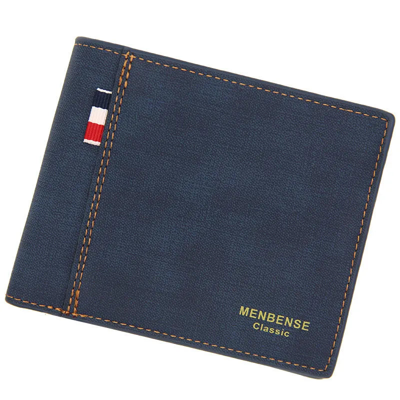 Men's retro style tri-fold wallet in black, navy, dark brown, or light brown with large capacity short design.