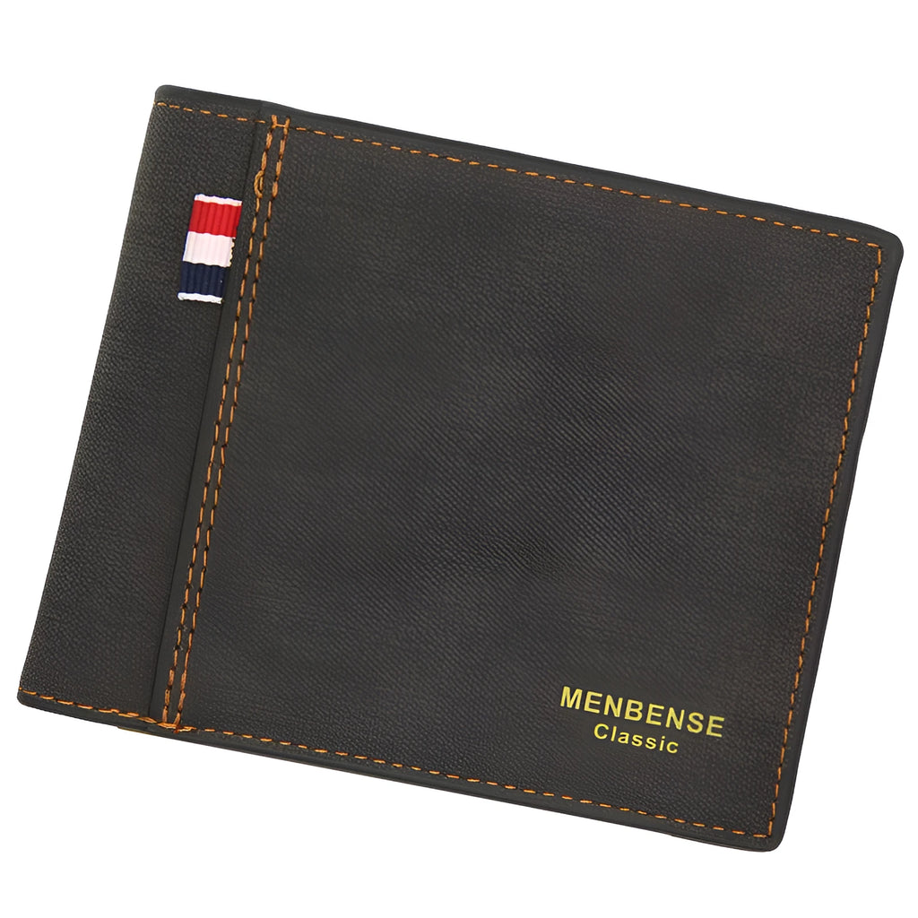 Men's retro style tri-fold wallet in black, navy, dark brown, or light brown with large capacity short design.